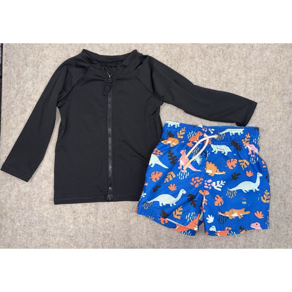 Cat & Jack Boys 2T Swim Set Trunks Rash Guard Blue Black Dinos Liner